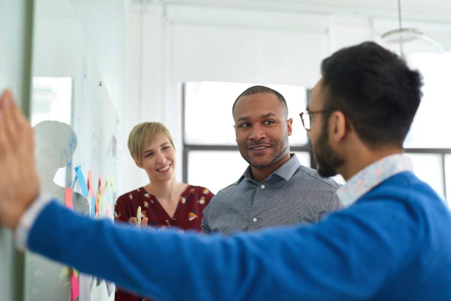 Three entrepreneurs standing in front of a whiteboard with sticky notes