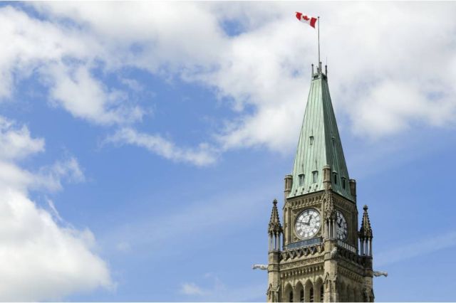 A Canadian flag waves over the Parliament building in Ottawa.