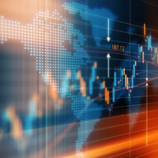 Financial data analysis graph over world map