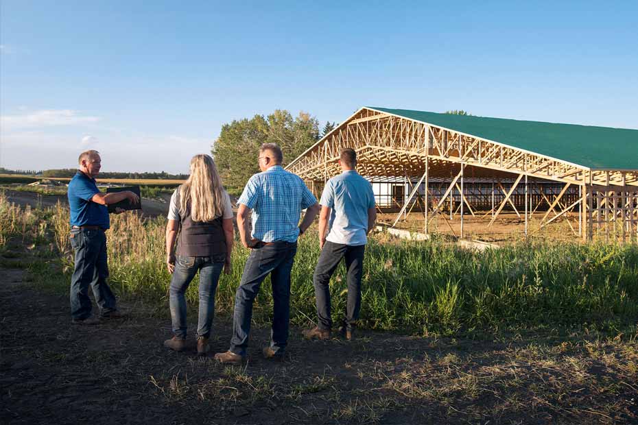 Farmers are standing in a field discussing opportunities