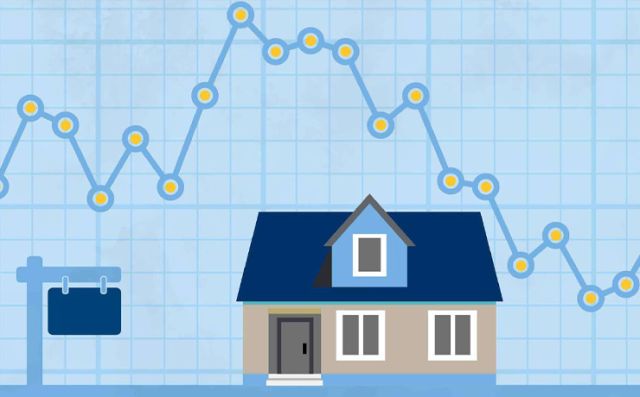 A house with a for sale sign outside. A line chart depicting price runs over top.