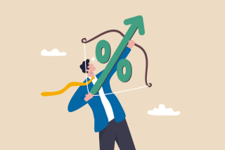 Illustration of a businessman archery percentage arrow high up into the sky