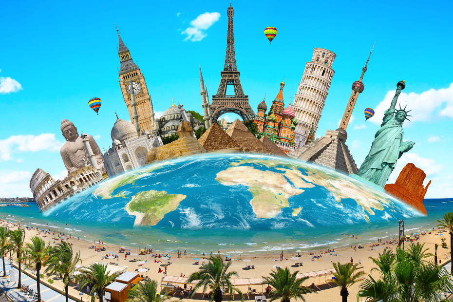 Illustration of famous monuments from around the world, sitting atop the globe.